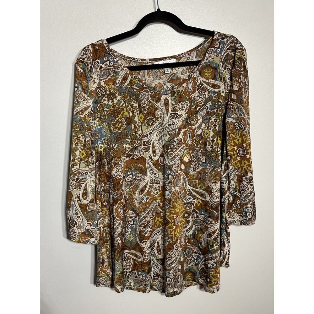 Stem & Vine Size1X BrownPaisley Bell Sleeve Blouse White Lace Trim VNeck Stretch